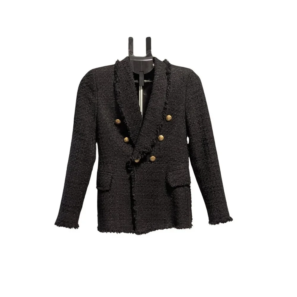 ZARA Woman Black Bouclé Tweed Double-Breasted Blazer Size S Gold Buttons - Picture 2 of 8